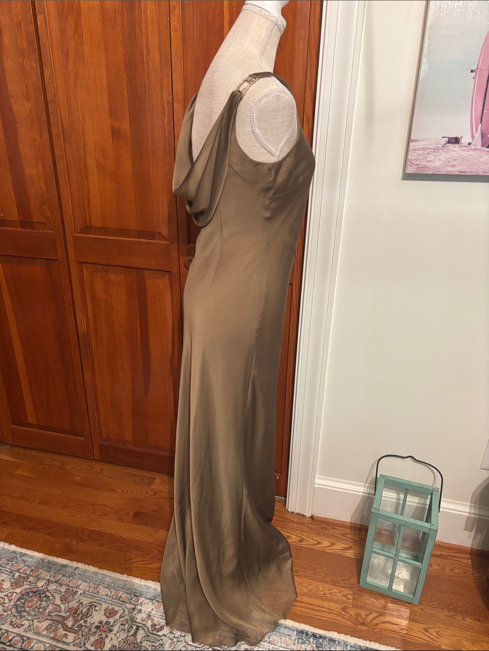 Alex Evenings Olive Satin Draped Cowl Gown